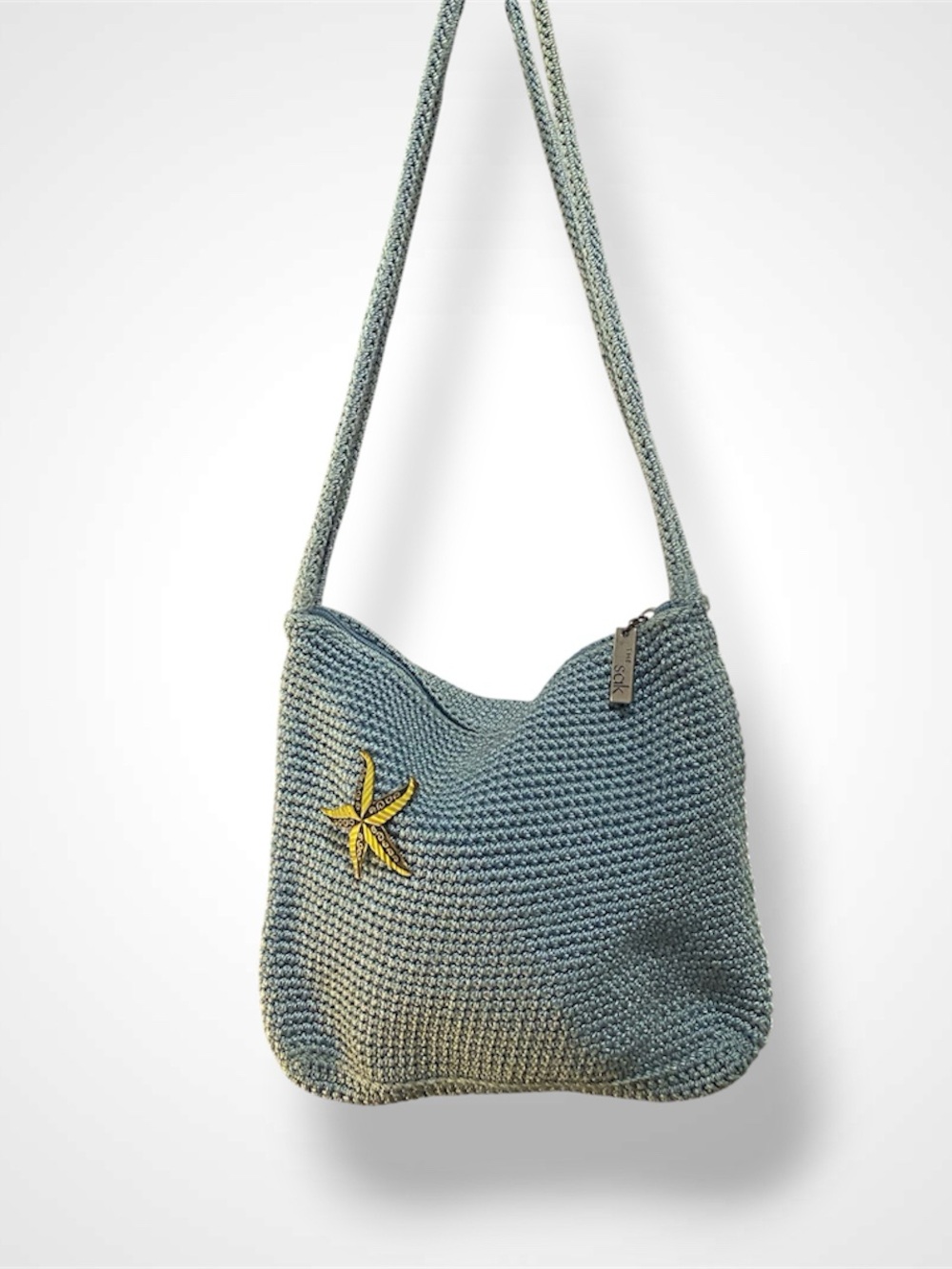 The Sak Sage Green Woven Shoulder Bag with Vintage Yellow Starfish Brooch